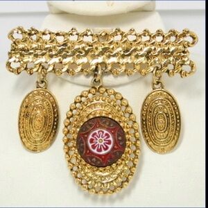 Gold-Tone Pendant Brooch with Red Mosaic Detail